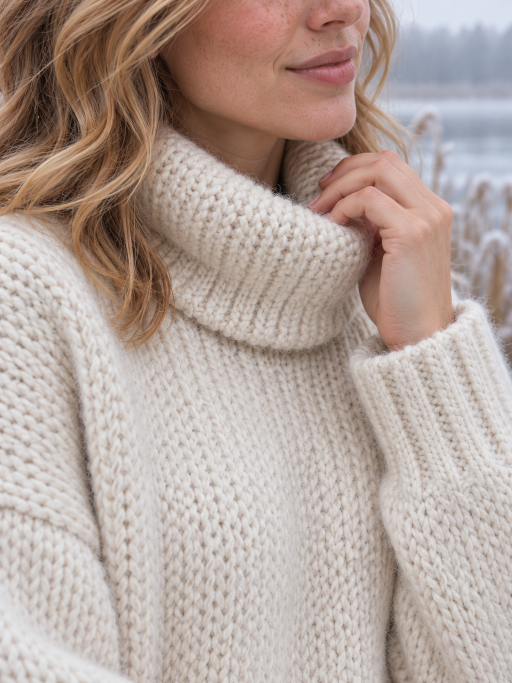 Frida Grobstrick-Rollkragenpullover Ecru - Detail von Strick und Kragen