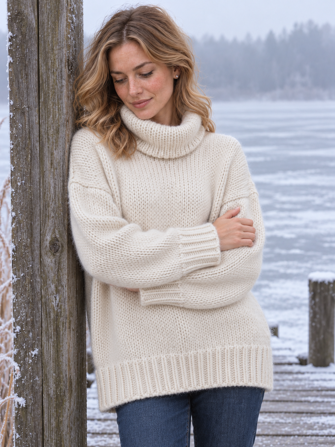 Frida Grobstrick-Rollkragenpullover Ecru - Vorderansicht nah