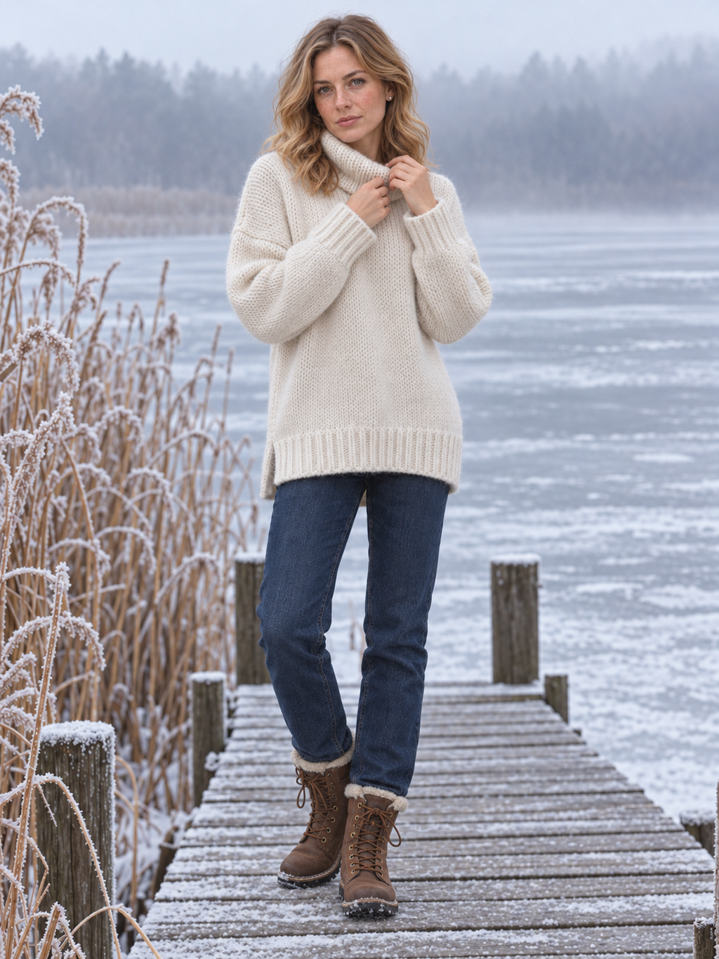 Frida Grobstrick-Rollkragenpullover Ecru - Ganzkörperansicht