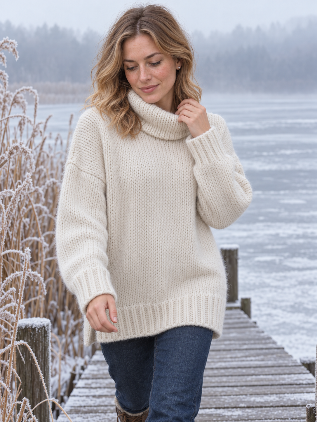 Frida Grobstrick-Rollkragenpullover Ecru - getragen, Vorderansicht