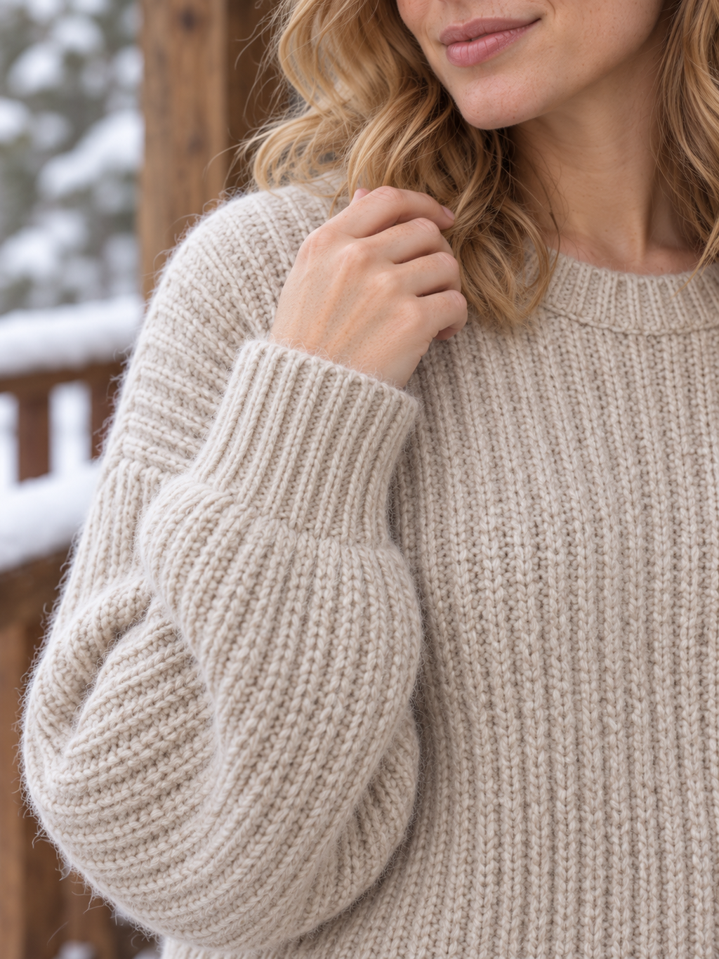 Hedda Grobrippen-Pullover Oversize Beige - Detail von Strick und Kragen