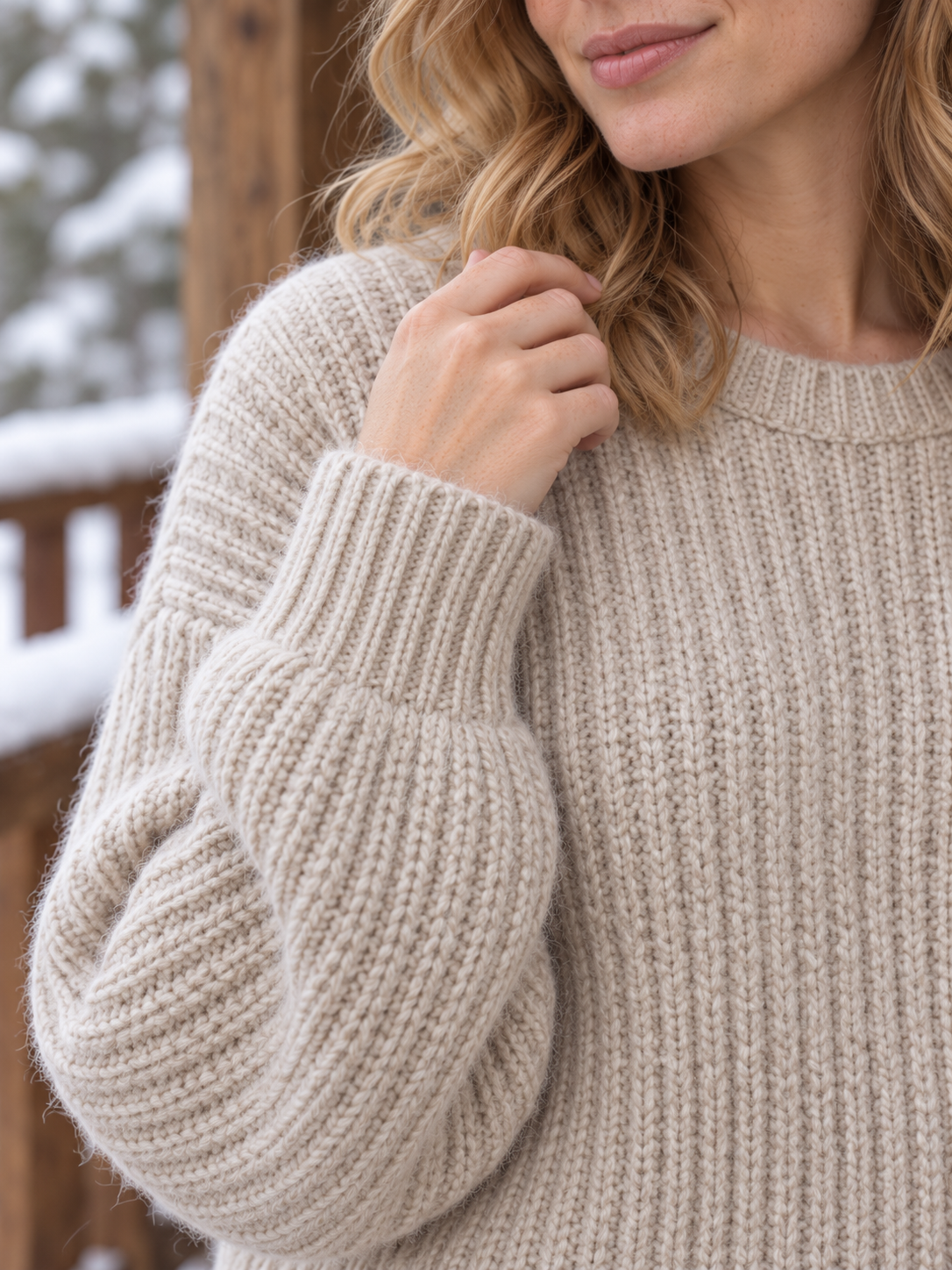 Hedda Grobrippen-Pullover Oversize Beige - Detail von Strick und Kragen