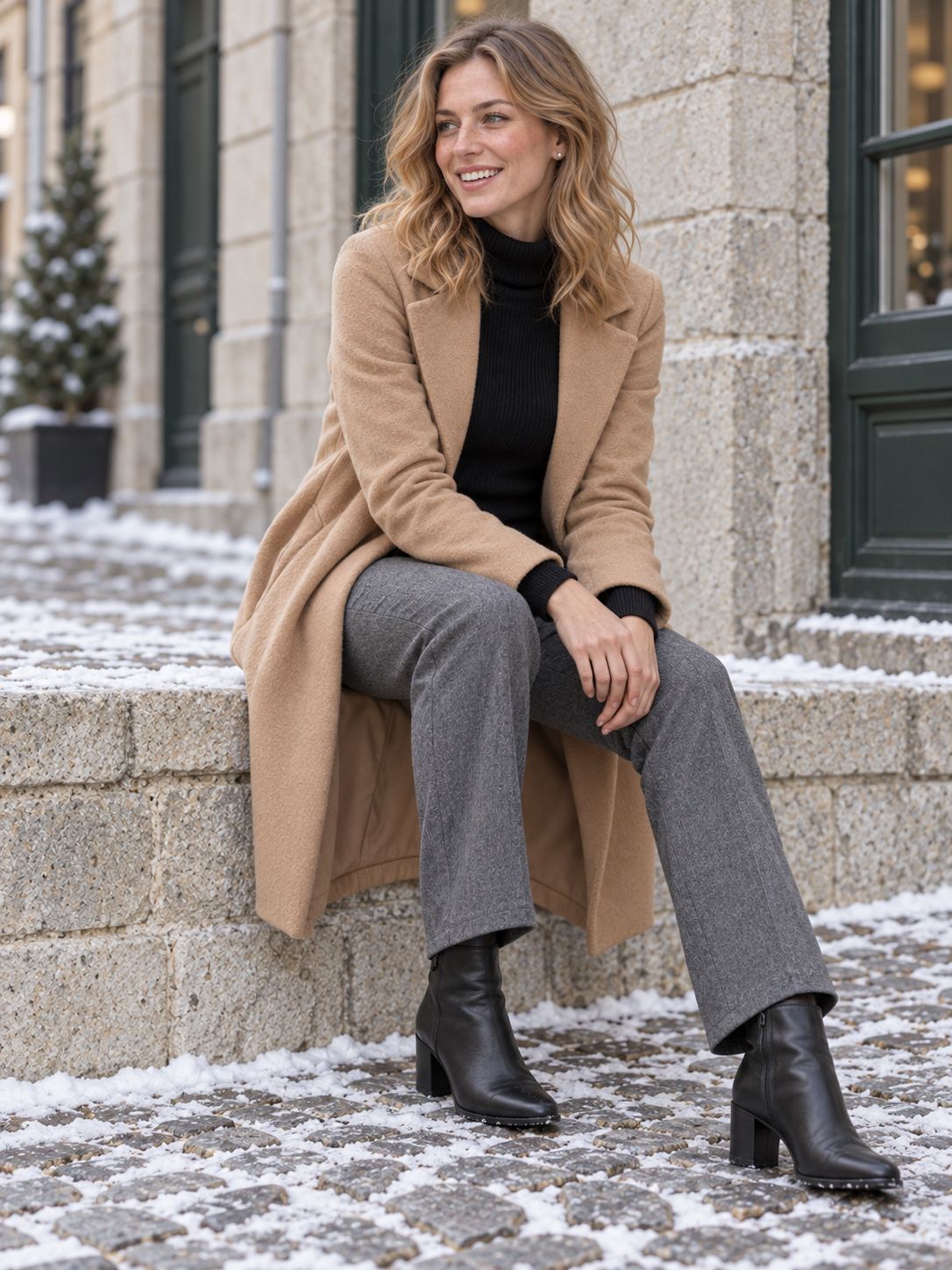 Ines Feinripp-Rollkragenpullover Schwarz - Ganzkörperansicht
