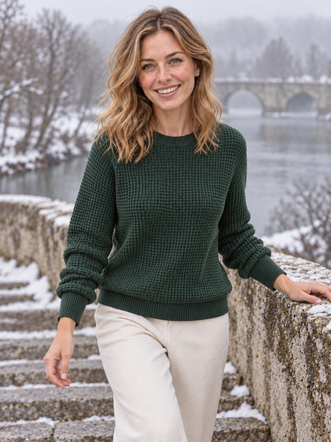 Maren Waffelstrick-Pullover Tannengrün - Vorderansicht nah