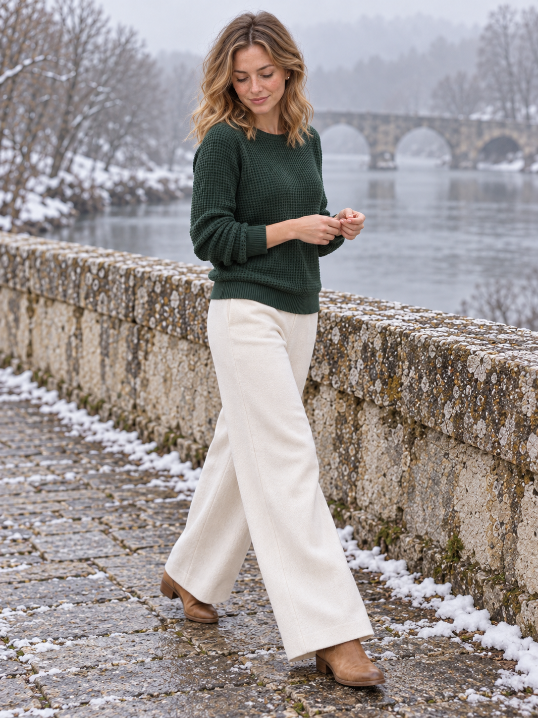 Maren Waffelstrick-Pullover Tannengrün - Ganzkörperansicht