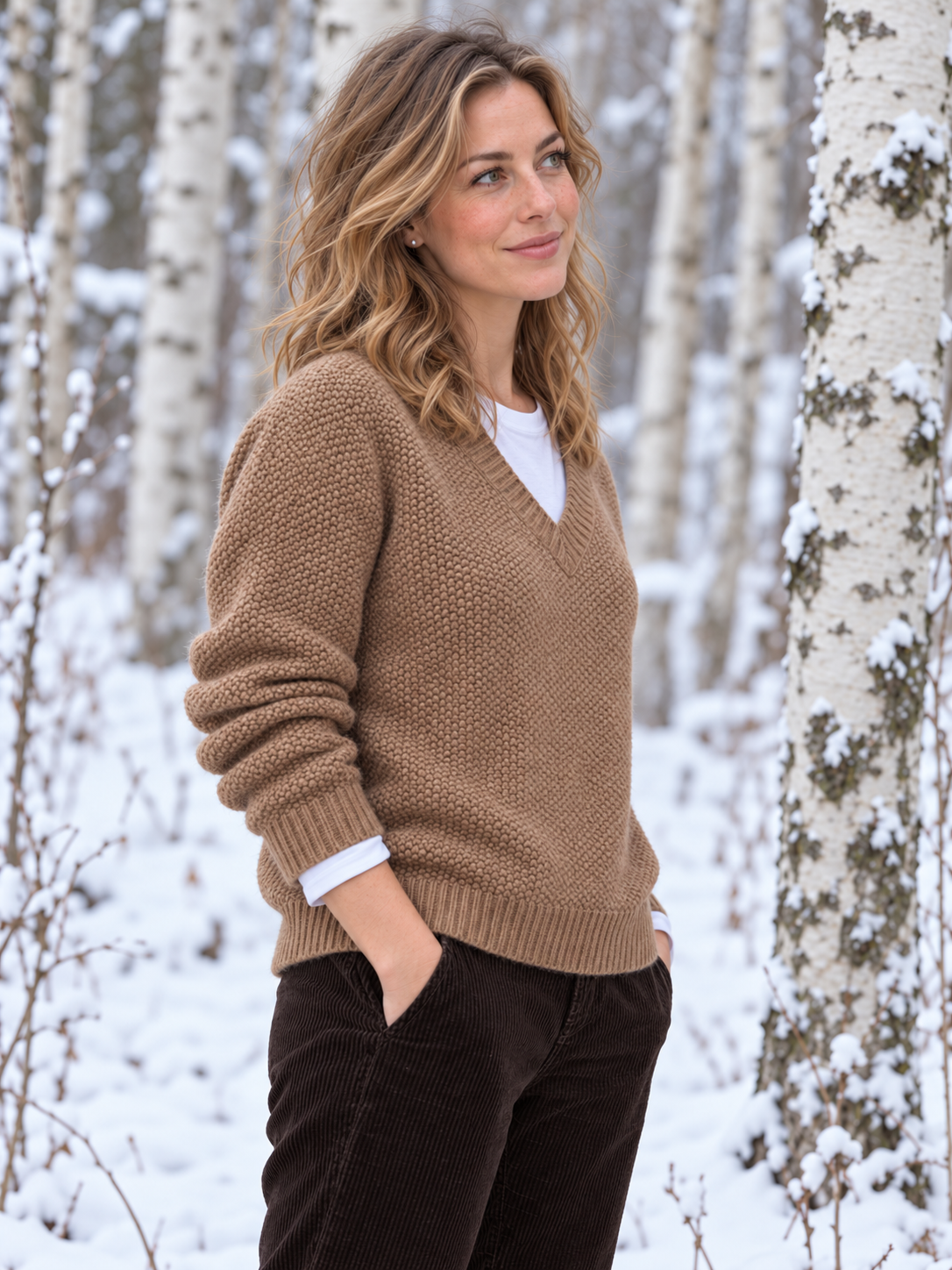 Svea Perlstrick-Pullover V-Ausschnitt Camel - Vorderansicht nah