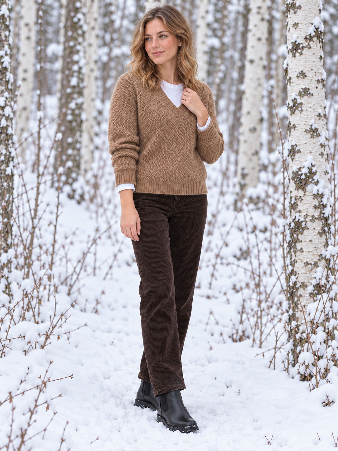 Svea Perlstrick-Pullover V-Ausschnitt Camel - Ganzkörperansicht