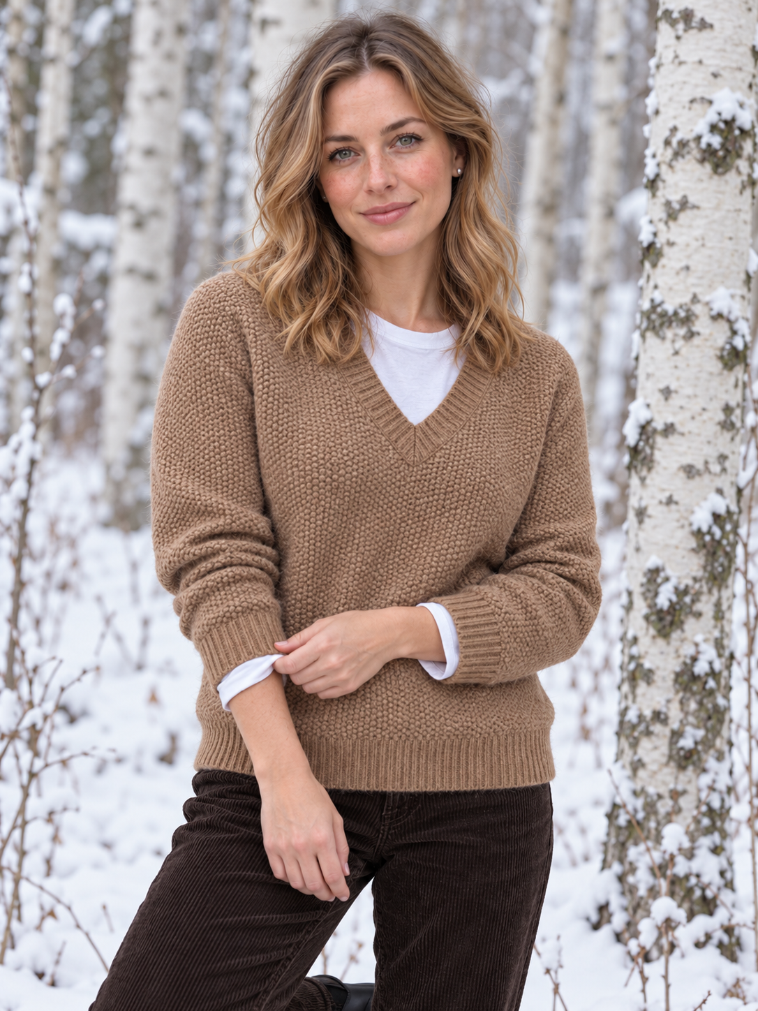 Svea Perlstrick-Pullover V-Ausschnitt Camel - getragen, Vorderansicht